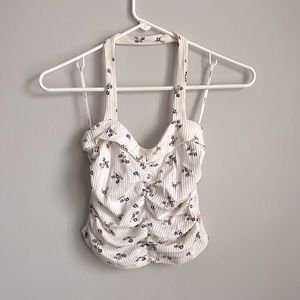 Floral Halter Neck Cropped Ribbed Tank Top
